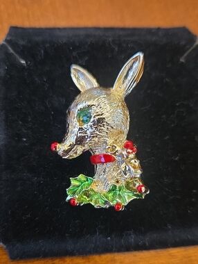 1960's Gold-tone Deer Head Holiday Brooch with Green and Red Accents